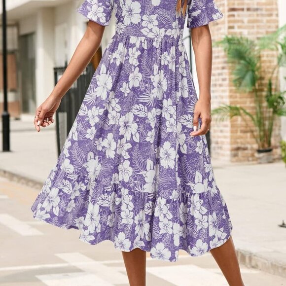 Women's Summer 2025 Casual Short Sleeve Tiered Flowy Spring Dress Long Midi Beac - Picture 2 of 5